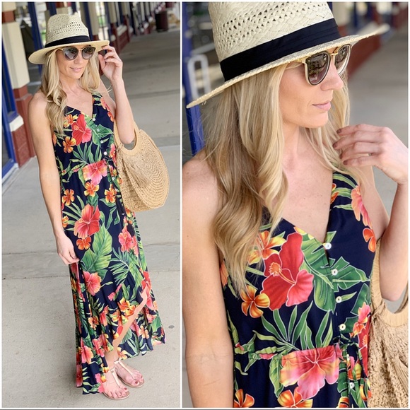 Infinity Raine Dresses & Skirts - ✨LAST ONE✨Navy Tropical Print Maxi Dress